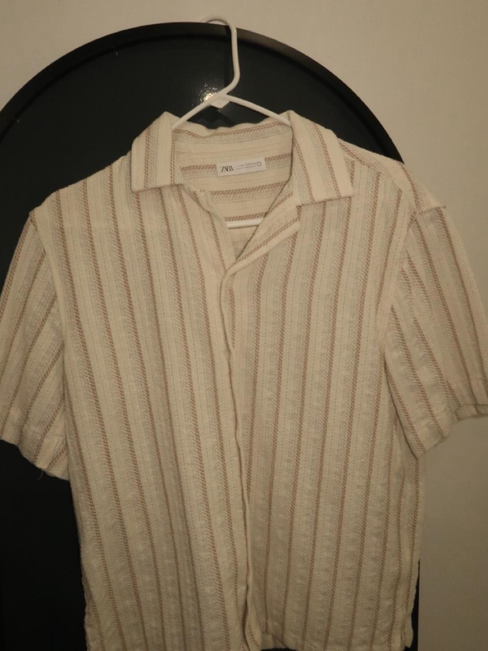 Mens ZARA Cream Striped Short-Sleeve Button Shirt